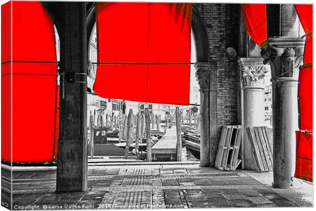 Venice,  Rialto fish market with red curtains Canvas Print by Luisa Vallon Fumi