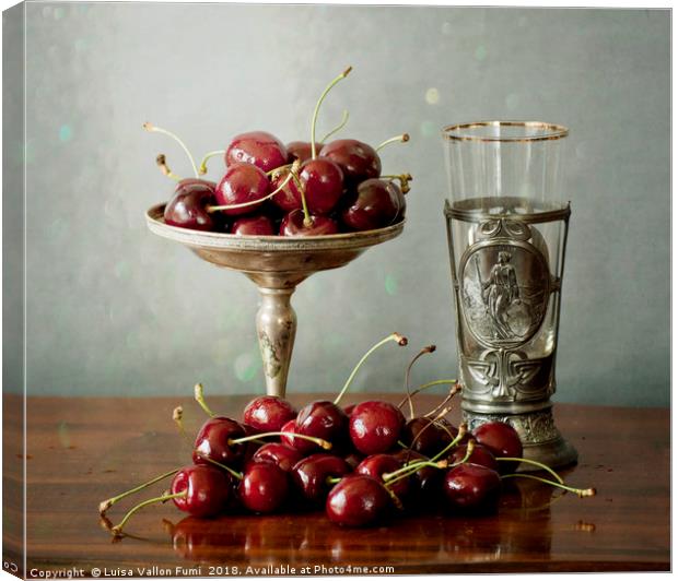 Still life, red cherries on a silver plate and an  Canvas Print by Luisa Vallon Fumi