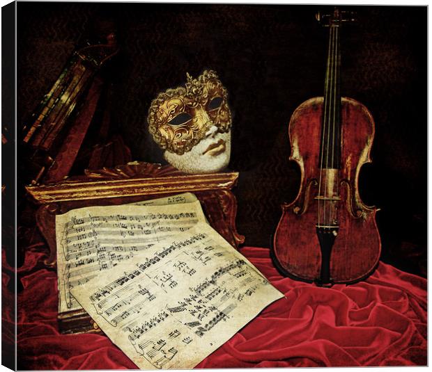 Venice in still life: Venetian mask, violin and mu Canvas Print by Luisa Vallon Fumi