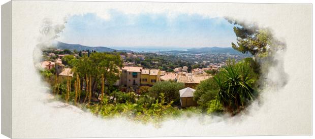 Panoramic View from Bormes Les Mimosas at the mediterranean sea in watercolor Canvas Print by youri Mahieu