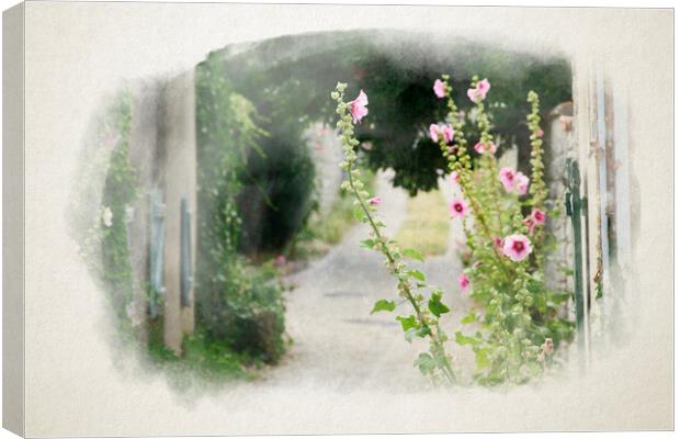 small alley with hollyhock in watercolor Canvas Print by youri Mahieu