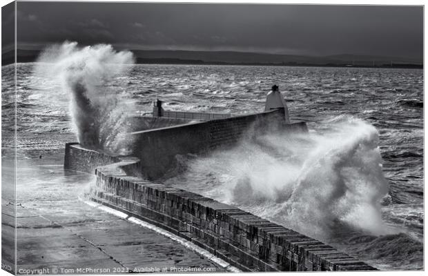 Black and white image of powerful Sea storm at Burghead Canvas Print by Tom McPherson