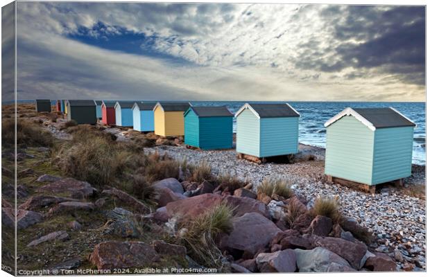 Multi-Coloured Huts on Findhorn Beach Canvas Print by Tom McPherson