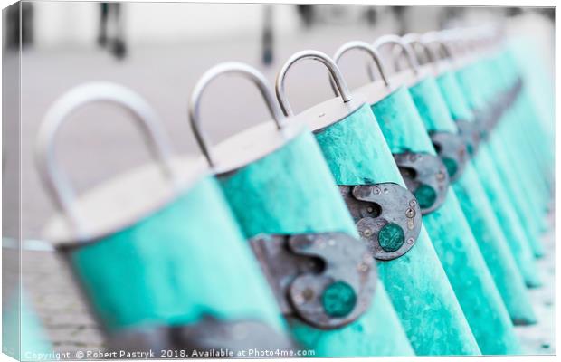 Fantasy turquoise bike rental station in Warsaw. Canvas Print by Robert Pastryk