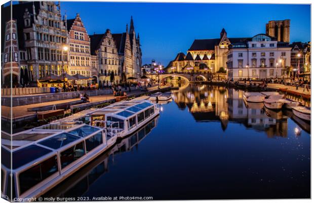 Ghent at night on two rivers that join Leie & Scheldt Rivers  Canvas Print by Holly Burgess