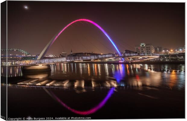 Millennium Bridge lit up at night Newcastle Quay side  Canvas Print by Holly Burgess