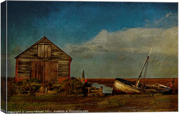 Boathouse & boats near Blakeney Norfolk Canvas Print by Jenny Hibbert