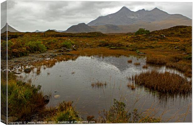 Pond next to Sligachan bridge with the Cuillin mountains in the distance Canvas Print by Jenny Hibbert
