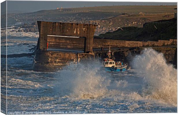 Stormy evening at Craster harbour Northumberland Canvas Print by Jenny Hibbert