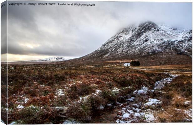 Buachaille Etive Mor with Lagangarbh Cottage in front Glencoe Canvas Print by Jenny Hibbert