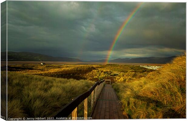 Ynyslas board walk on a stormy evening with rainbow. Dyfi National Nature Reserve. Canvas Print by Jenny Hibbert