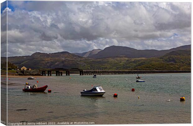 Harbour Barmouth with the bridge & mountains Canvas Print by Jenny Hibbert