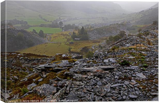 On top of slate looking down to Penmachno slate quarry North Wales Canvas Print by Jenny Hibbert