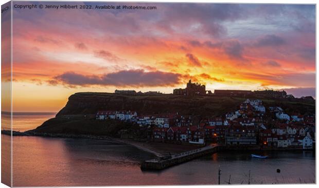 Looking across to Whitby Abbey at dawn Canvas Print by Jenny Hibbert
