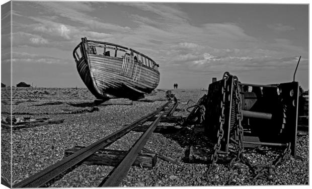 Boat on Dungeness shore with hauling chains Canvas Print by Jenny Hibbert