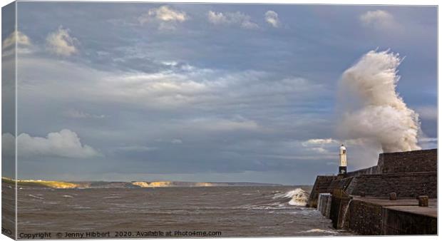 Storm Ellen hitting Porthcawl lighthouse Canvas Print by Jenny Hibbert