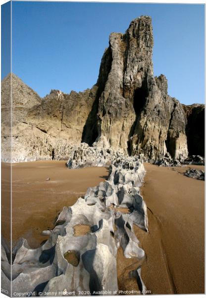 Mewslade Bay Gower showing the rocky beach Canvas Print by Jenny Hibbert