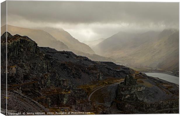 Looking down at Dinorwic Slate Quarry on a misty m Canvas Print by Jenny Hibbert