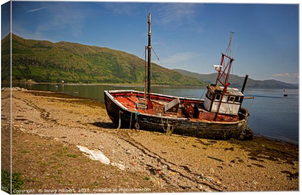 Old boat abandoned in Ardgour Loch Linnhe Western  Canvas Print by Jenny Hibbert