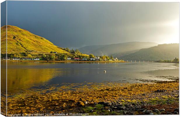 Dornie Loch Long looking towards Eilean Donan Castle Canvas Print by Jenny Hibbert