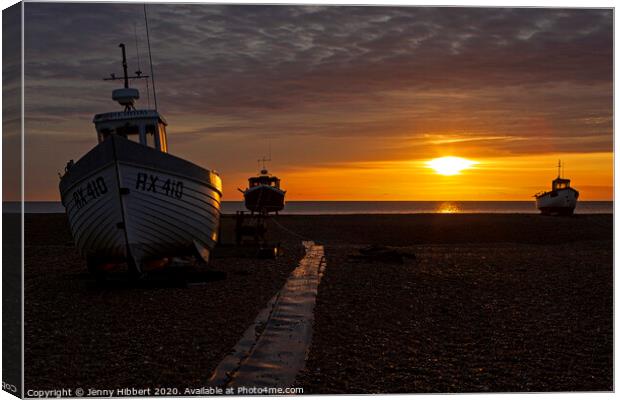 Three old boats on Dungeness beach as dawn rises Canvas Print by Jenny Hibbert