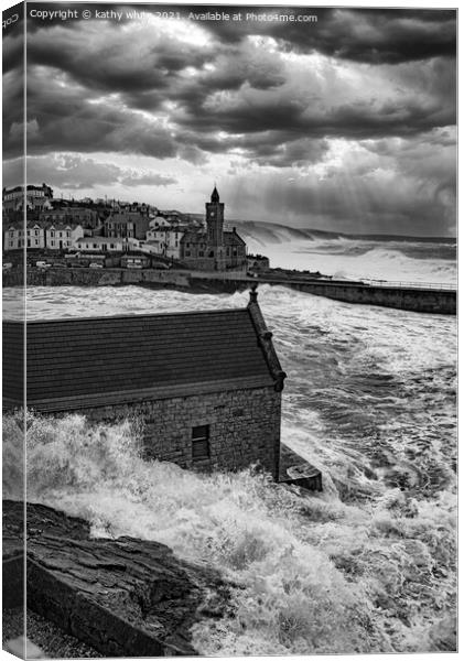 Clock tower Porthleven  Storm force Canvas Print by kathy white