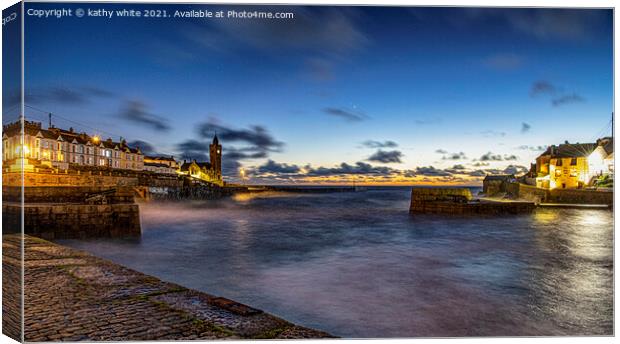  Porthleven at night with clock tower,and ship inn Canvas Print by kathy white