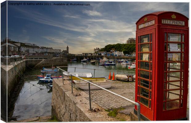 Porthleven Harbour Cornwall, old Red Telephone box Canvas Print by kathy white