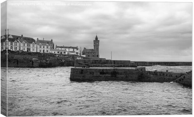 Blue sky at the clock tower Porthleven Canvas Print by kathy white