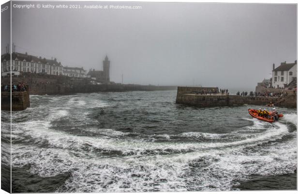 RNLI Porthleven lifeboat misty day Canvas Print by kathy white