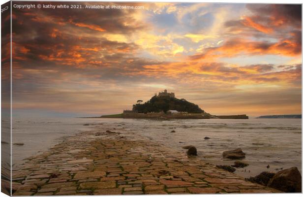 St Michael's mount Cornwall,causeway at sunset Canvas Print by kathy white