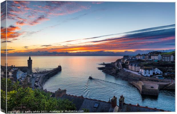 sunset Porthleven Cornwall Canvas Print by kathy white