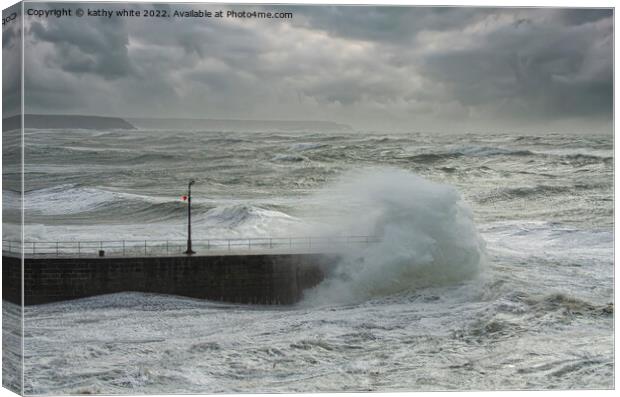 stormy Porthleven Pier Canvas Print by kathy white