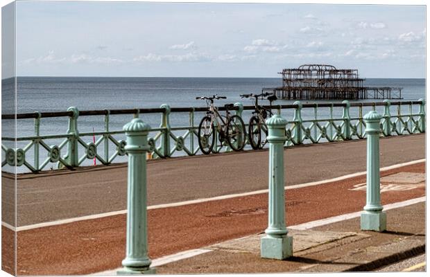 Brighton Seafront, Old Pier, with  Bicycles Canvas Print by kathy white