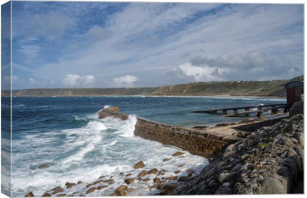 Sennen cove harbour on a stormy day Canvas Print by kathy white