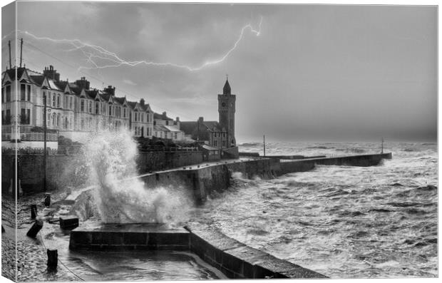 lightening Porthleven Cornwall Canvas Print by kathy white
