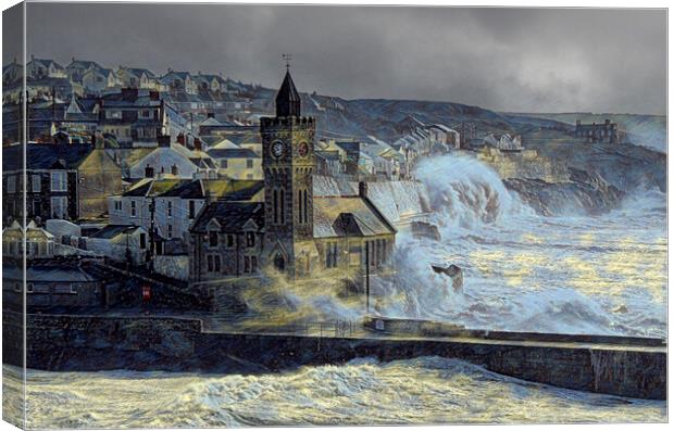 windy stormy day Porthleven Canvas Print by kathy white