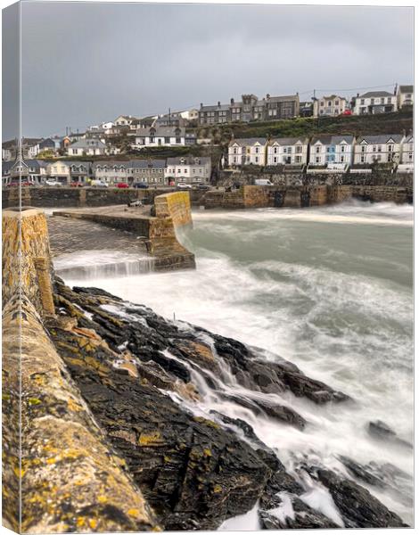 Porthleven Harbour Cornwall stormy sea Canvas Print by kathy white
