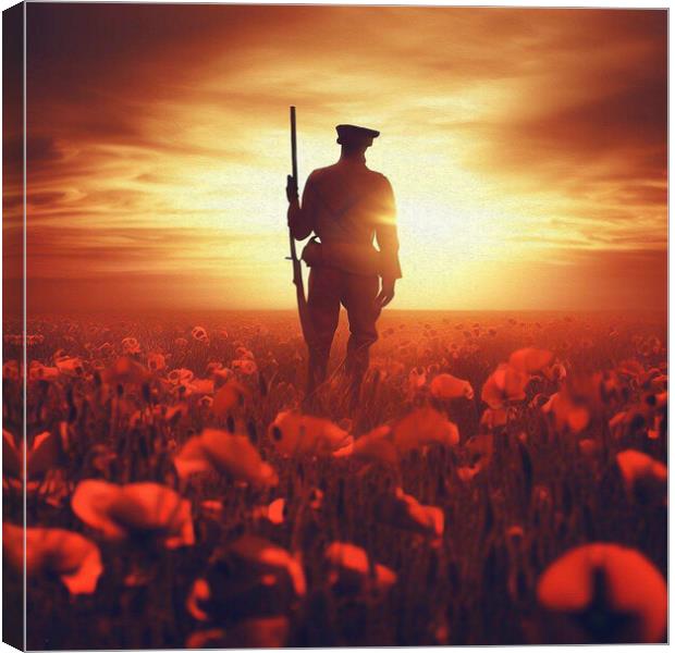Remembrance, A Soldier Amidst the Poppies Canvas Print by kathy white