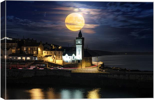 blue moon, Porthleven's Enchanting Blue Moonlight Canvas Print by kathy white