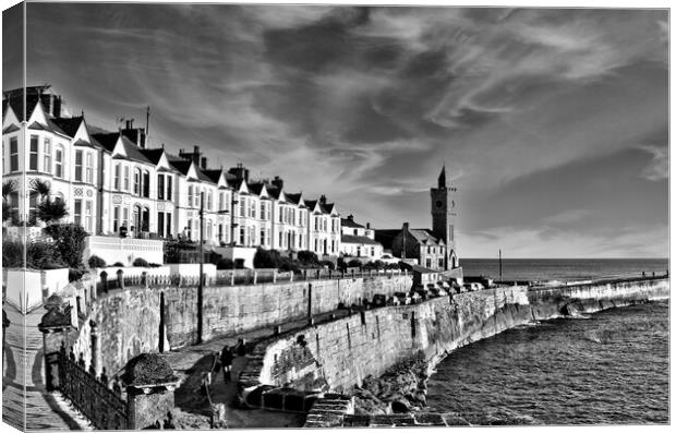 Porthleven clock tower  black and white Canvas Print by kathy white