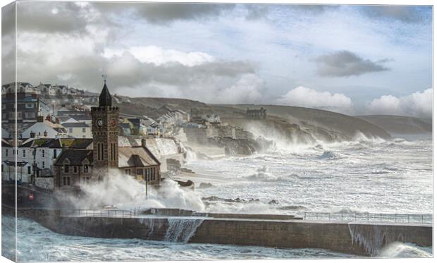 Porthleven Harbour Cornwall storm force Canvas Print by kathy white