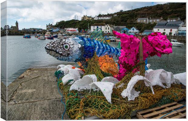 Porthleven Harbour, Fish made of Plastic from the ocean Canvas Print by kathy white