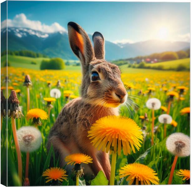 A hare in  a spring field with dandelions and spring sunshine Canvas Print by kathy white