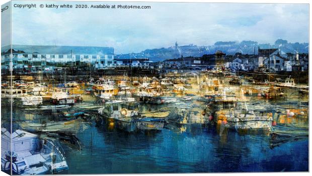 Busy harbour in Cornwall,Small fishing boats blue  Canvas Print by kathy white