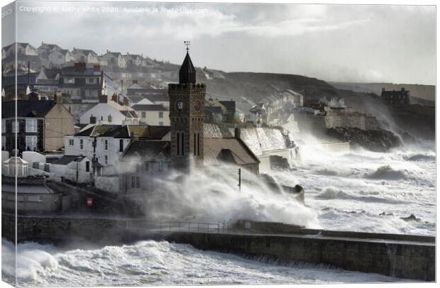 Stormy Seas in Porthleven Canvas Print by kathy white