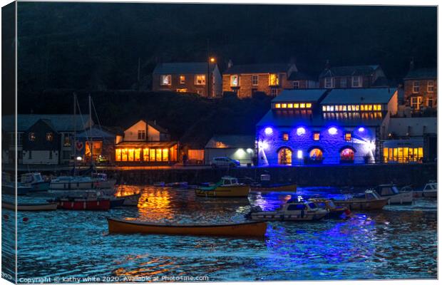 Porthleven Lights at Christmas Canvas Print by kathy white