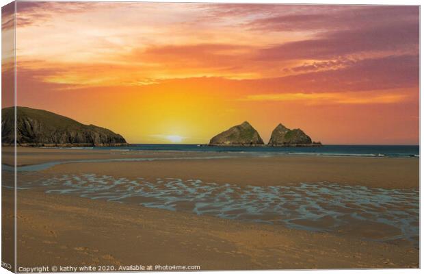 Gull Rocks Holywell, Bay,North Cornwall at sunset  Canvas Print by kathy white