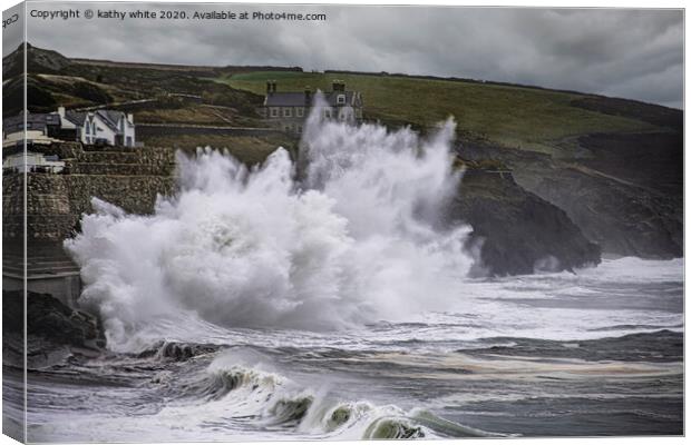 Porthleven Cornwall Storm waves ,Porthleven rough  Canvas Print by kathy white