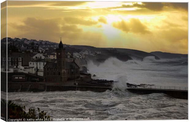 Porthleven  harbour Cornwall,  evening storm  Canvas Print by kathy white